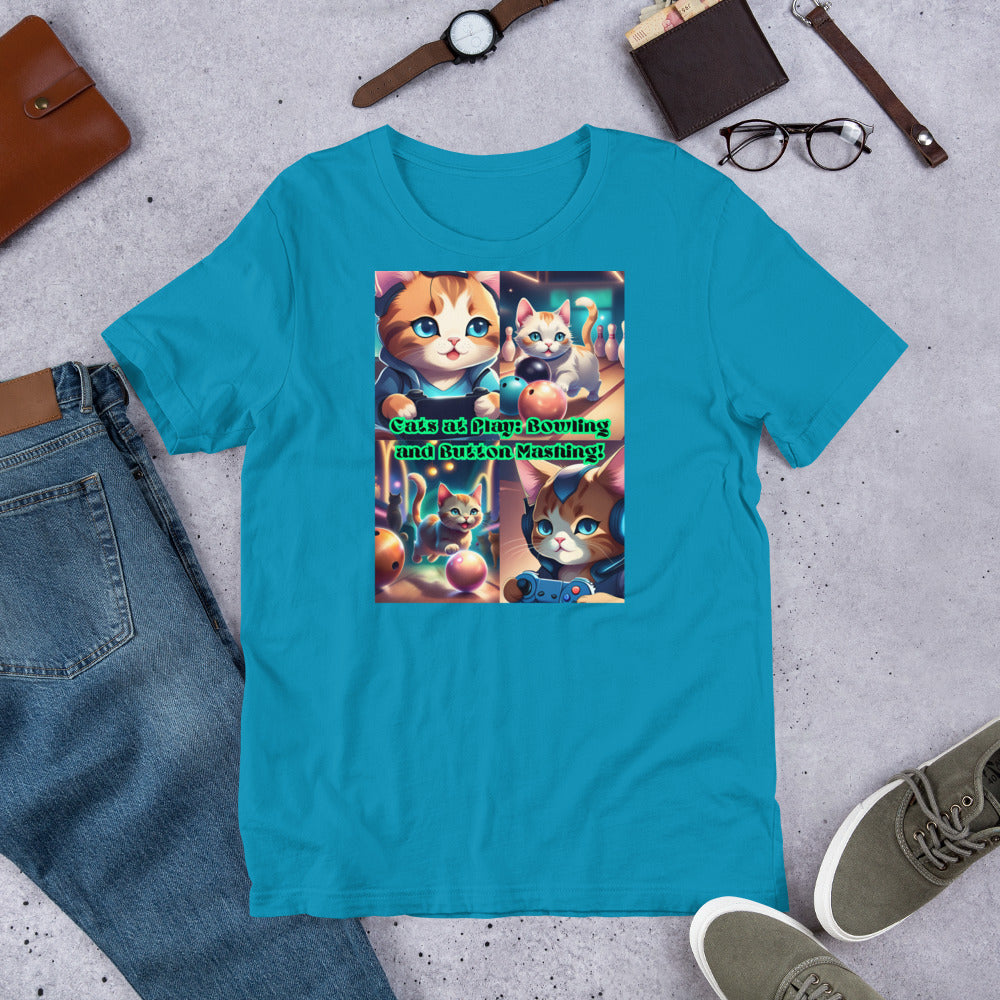 "Cats at Play: Bowling and Button Mashing!" Unisex T-Shirt by Asher