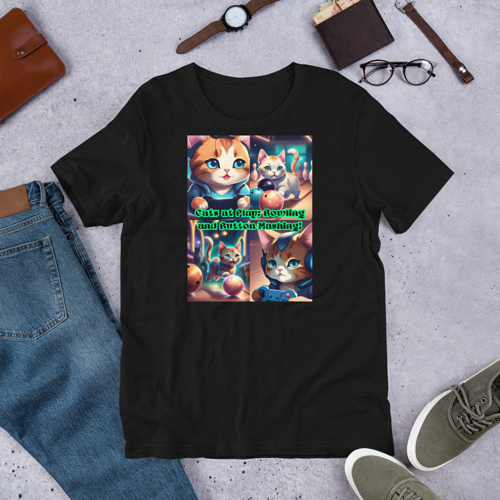 "Cats at Play: Bowling and Button Mashing!" Unisex T-Shirt by Asher